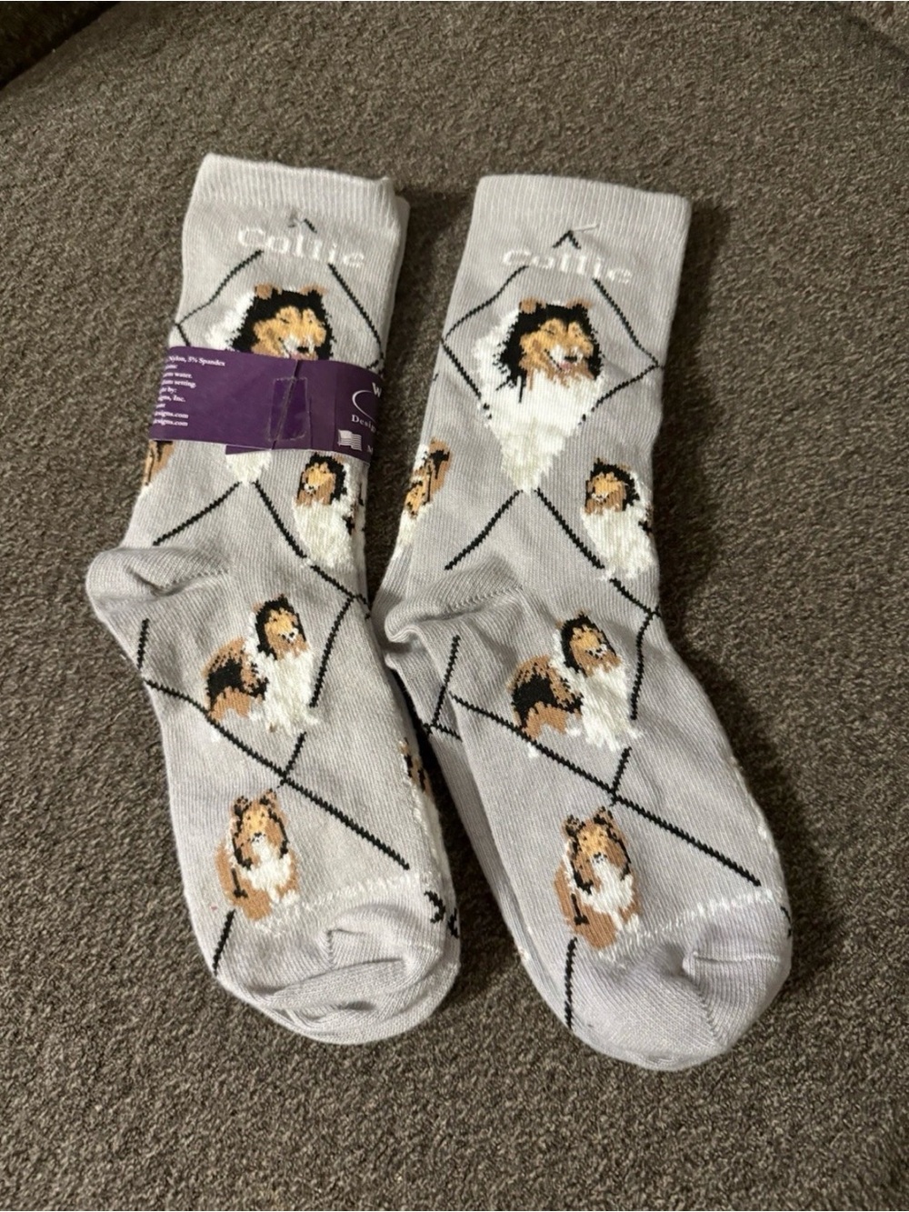 New Gray Collie Pattern Crew Socks set of two by Wheel House size 9-11